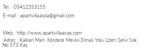 Apart Villa Asoa telefon numaralar, faks, e-mail, posta adresi ve iletiim bilgileri